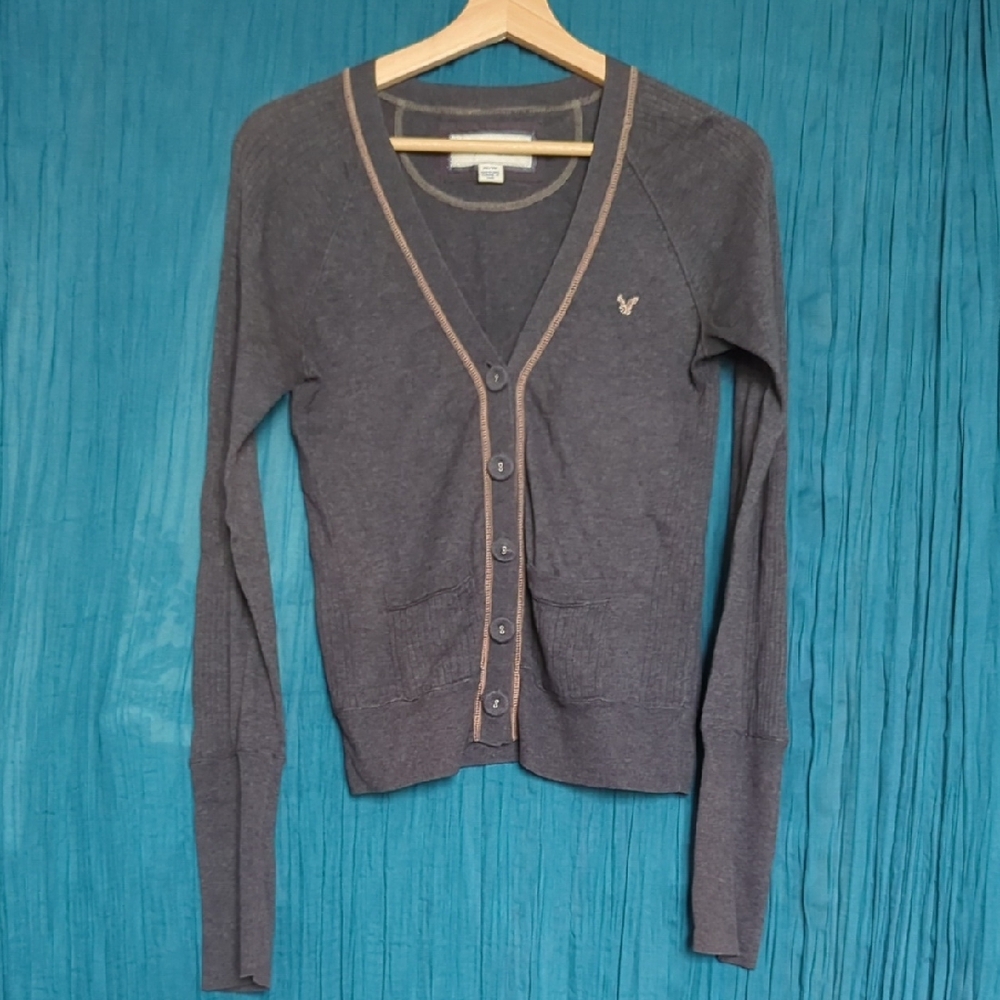American Eagle Outfitters Charcoal Cardigan with Tan Trim